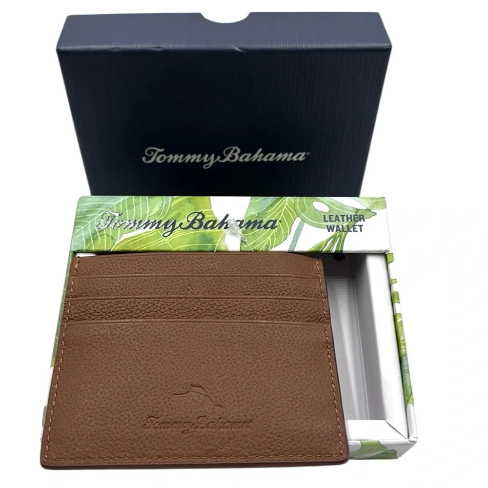 Tommy Bahama Tan Basket Weave Leather Card Case Slim Wallet Men's